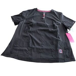 Koi Lite‎ Womens 3X Black Dobby Rib Slim Fit Scrub Top Zip Neck Pockets